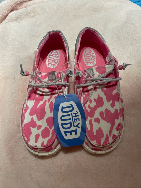 Hey Dude Shoes - NWT Hey Dude Pink Cow Print with Silver Glitter Slip On Loafers